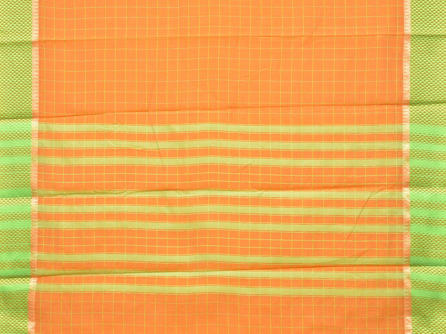 Orange and Light Green Bamboo Cotton Saree with Big Checks Design No Blouse bc0159