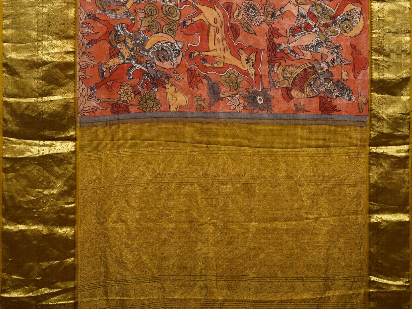 Orange and Mustard Kalamkari Hand Painted Kanchipuram Silk Handloom Saree with Ramayan Design KL0608