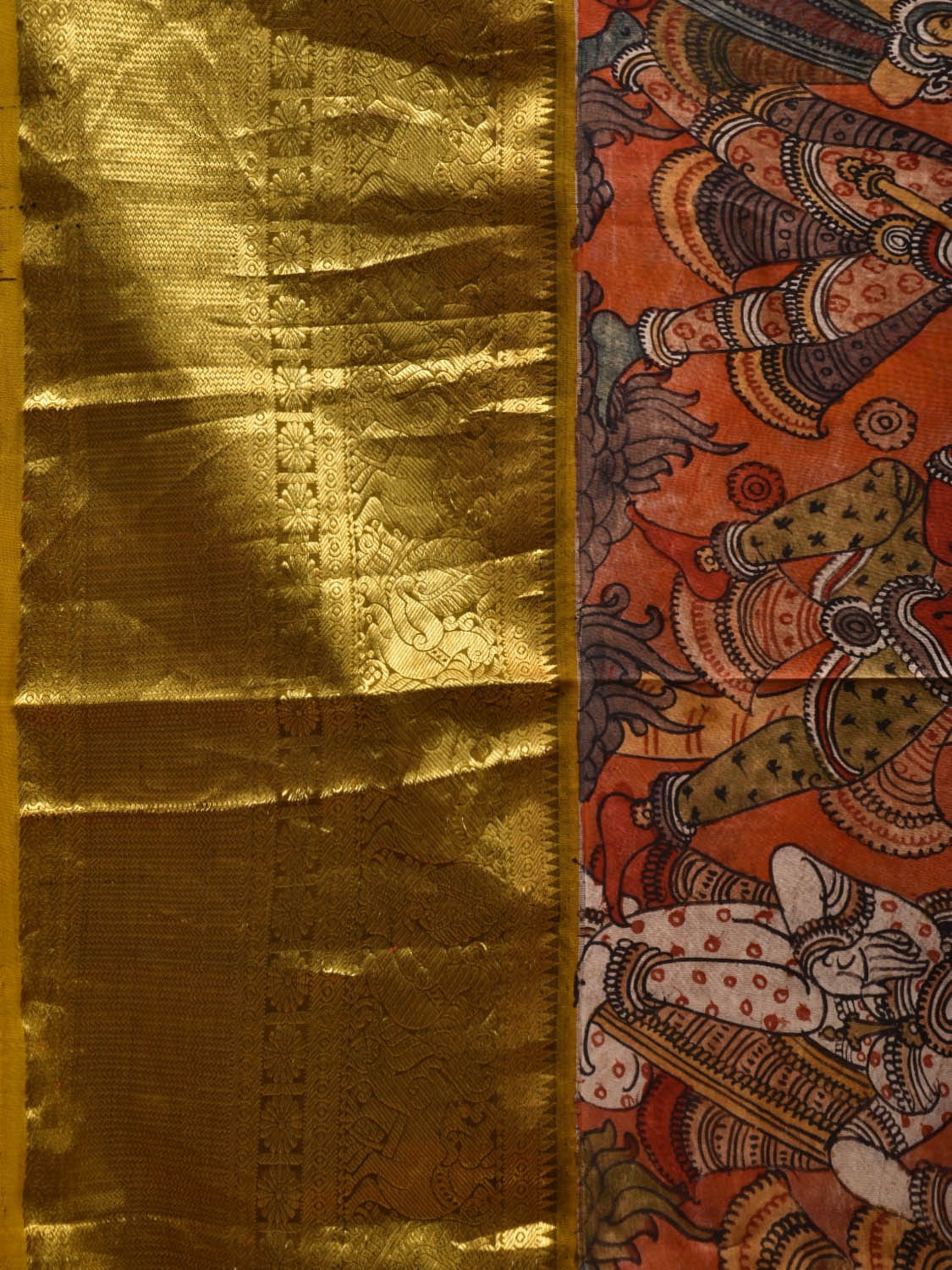 Orange and Mustard Kalamkari Hand Painted Kanchipuram Silk Handloom Saree with Ramayan Design KL0608