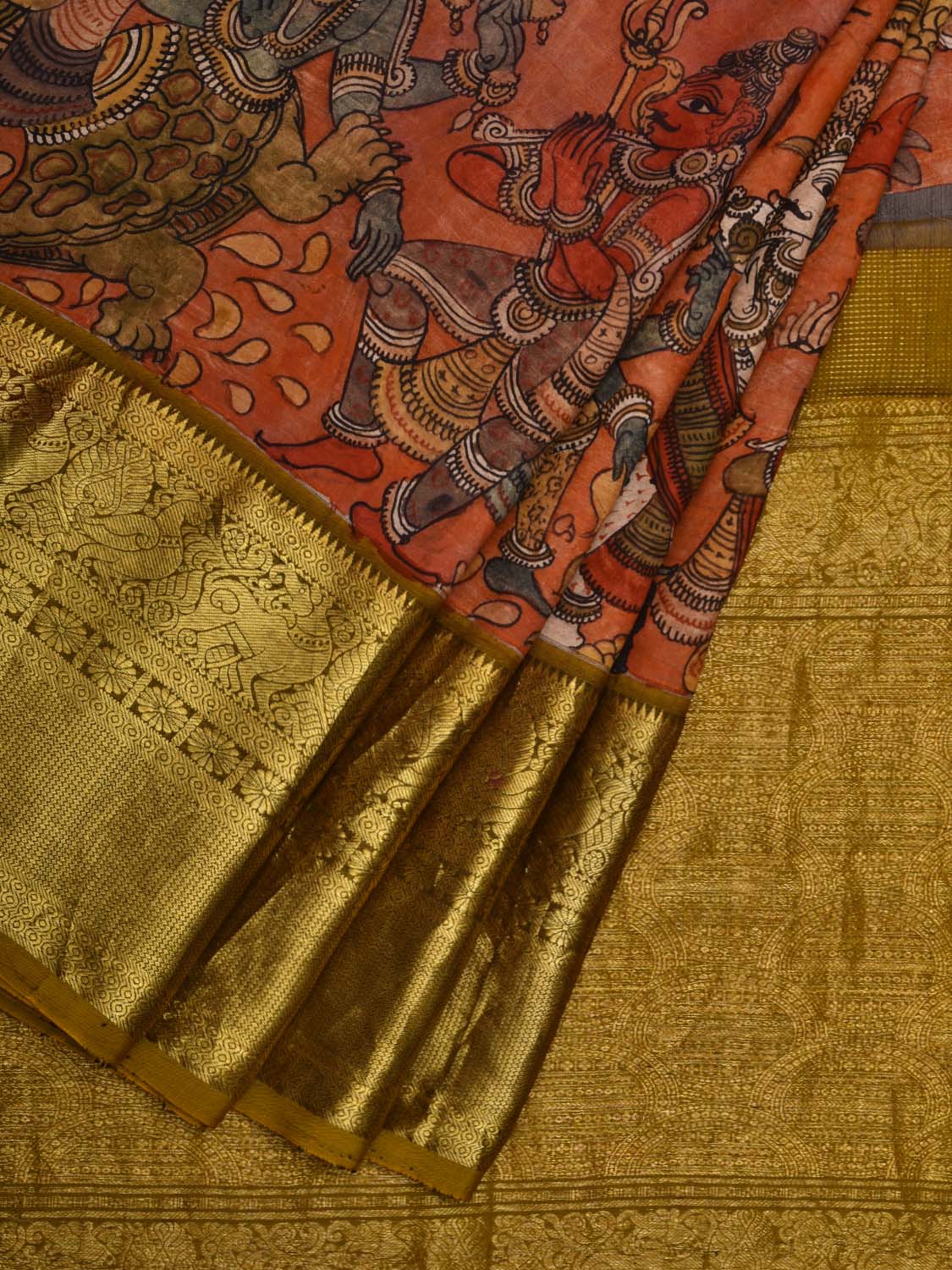 Orange and Mustard Kalamkari Hand Painted Kanchipuram Silk Handloom Saree with Ramayan Design KL0608