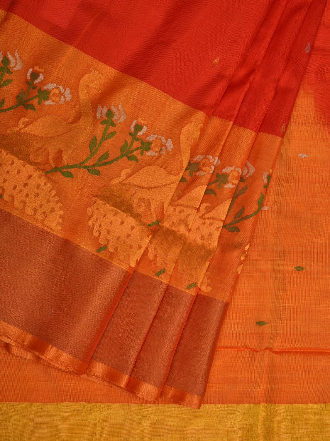 Orange and Mustard Uppada Silk Handloom Saree with One Side Peacocks Border Design u1907