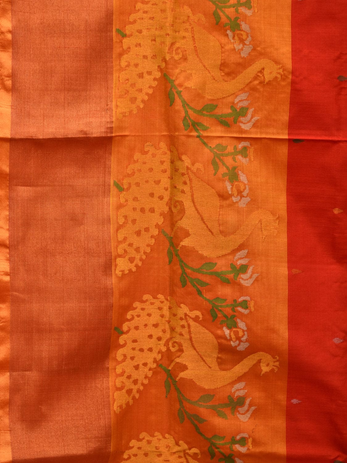 Orange and Mustard Uppada Silk Handloom Saree with One Side Peacocks Border Design u1907