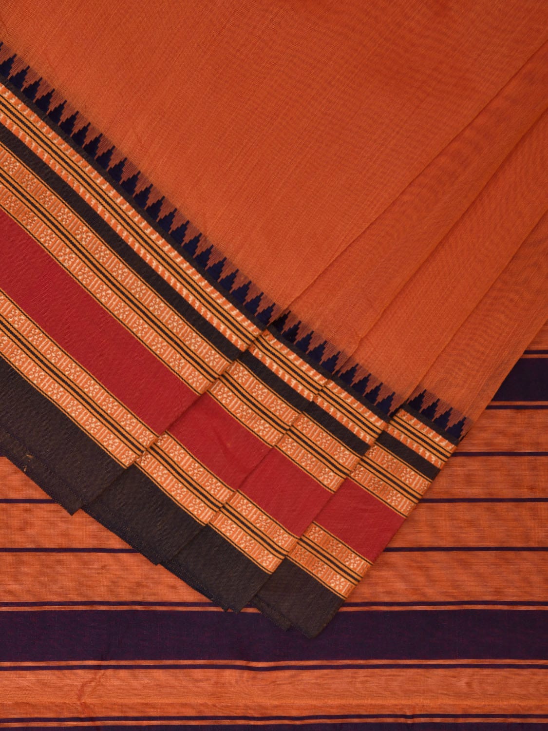 Orange and Navy Bamboo Cotton Plain Saree with Strips Pallu Design No Blouse bc0354