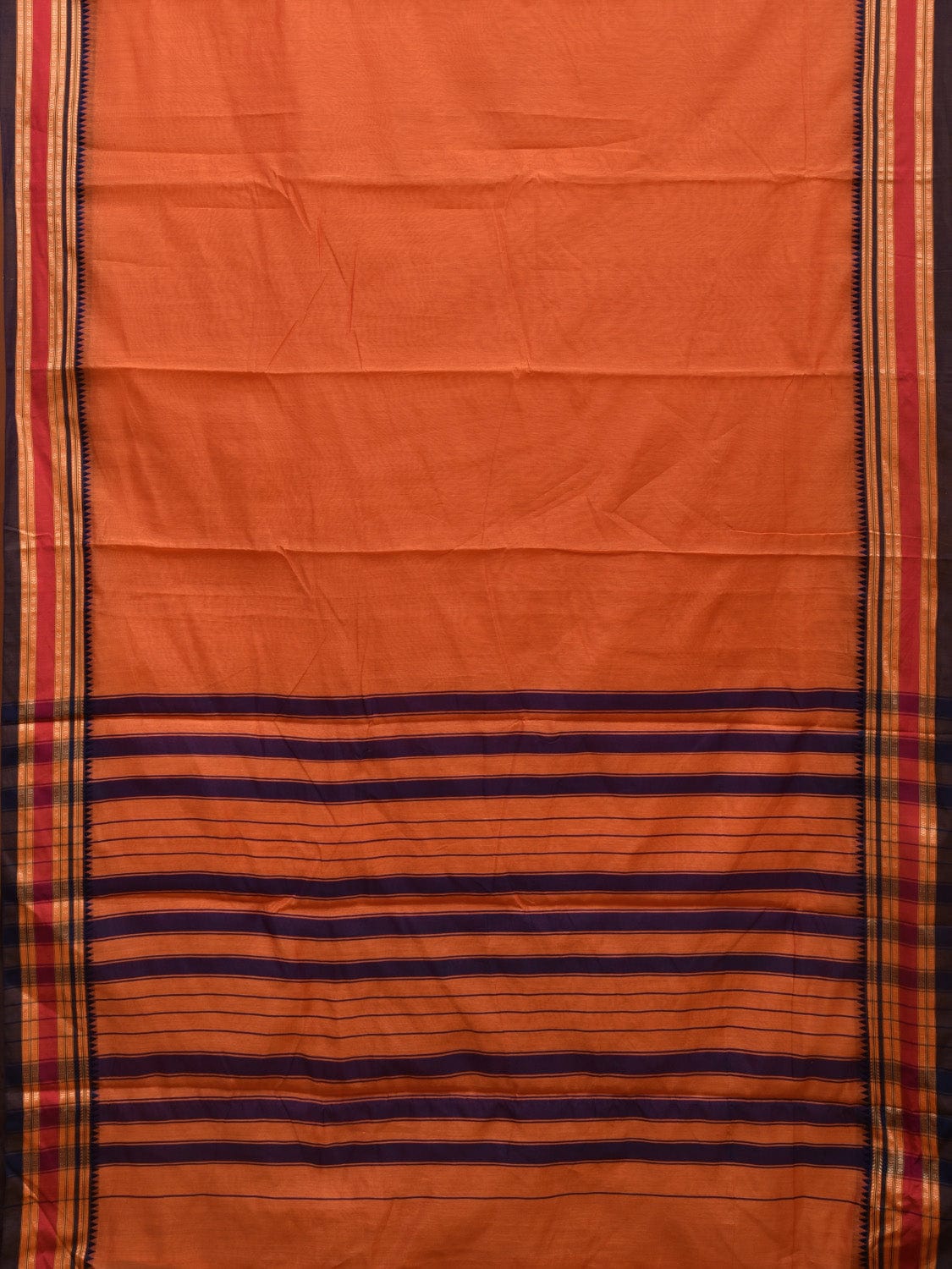 Orange and Navy Bamboo Cotton Plain Saree with Strips Pallu Design No Blouse bc0354