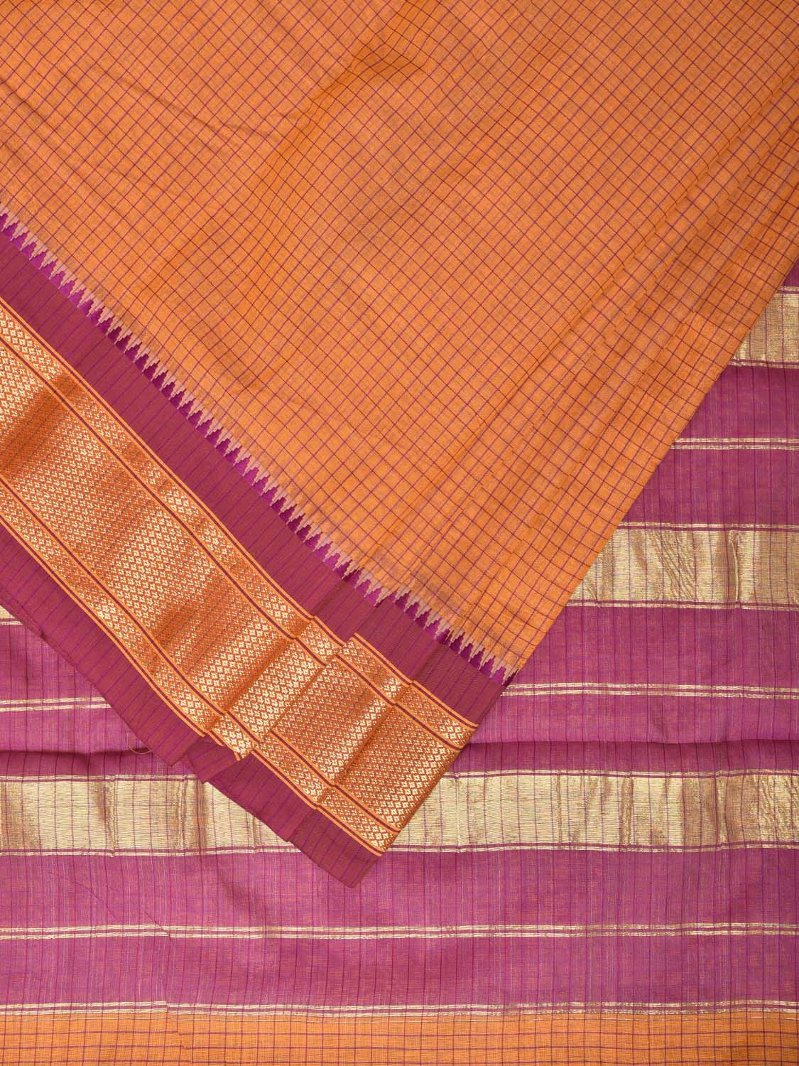 Orange and Pink Bamboo Cotton Saree with Checks Design No Blouse bc0154