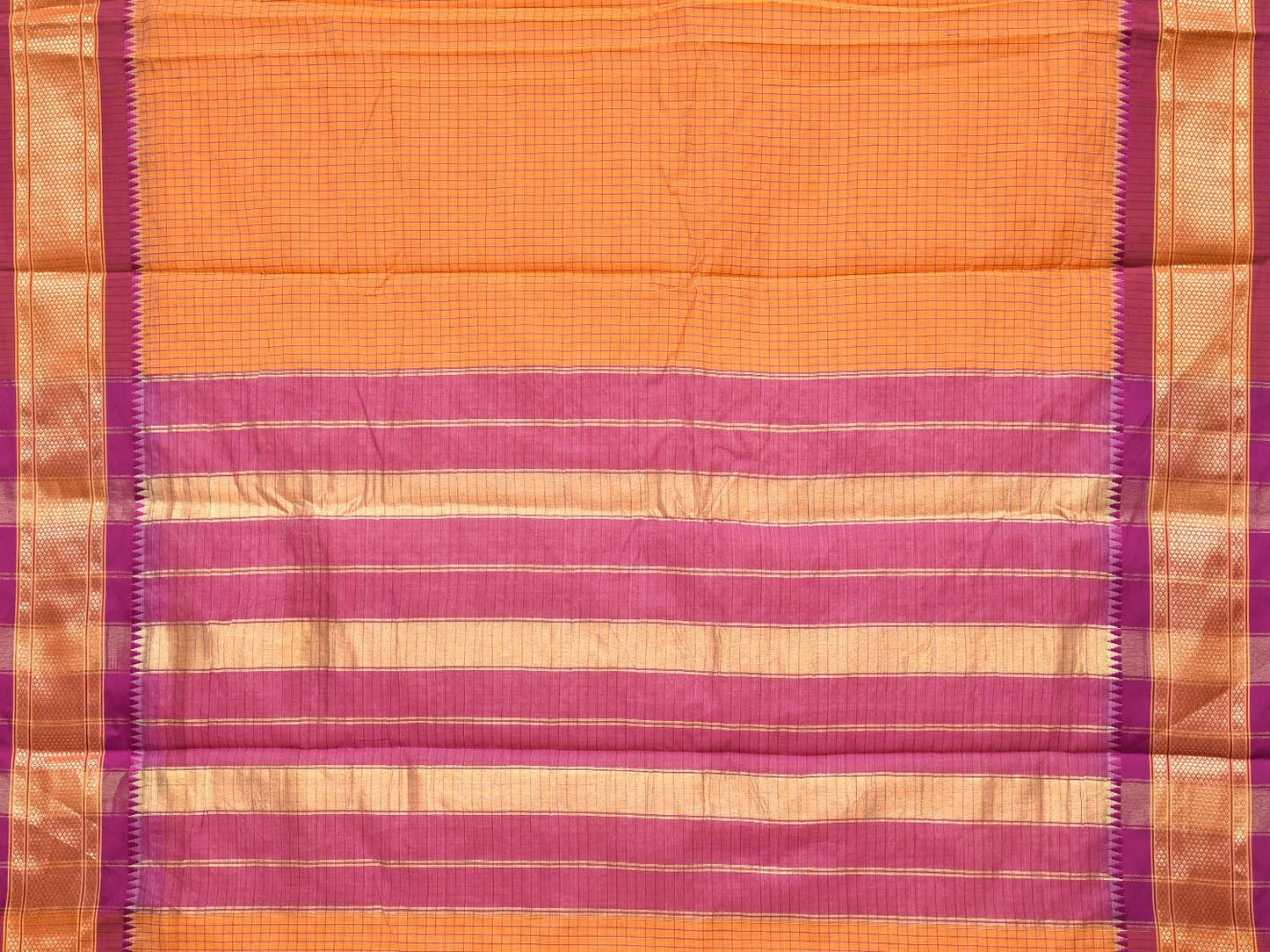 Orange and Pink Bamboo Cotton Saree with Checks Design No Blouse bc0154