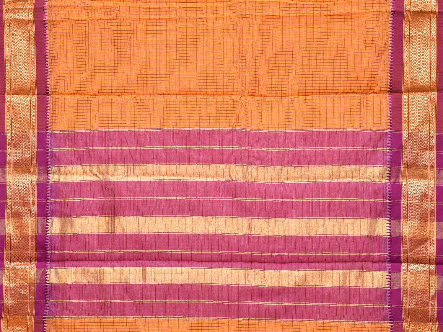 Orange and Pink Bamboo Cotton Saree with Checks Design No Blouse bc0154