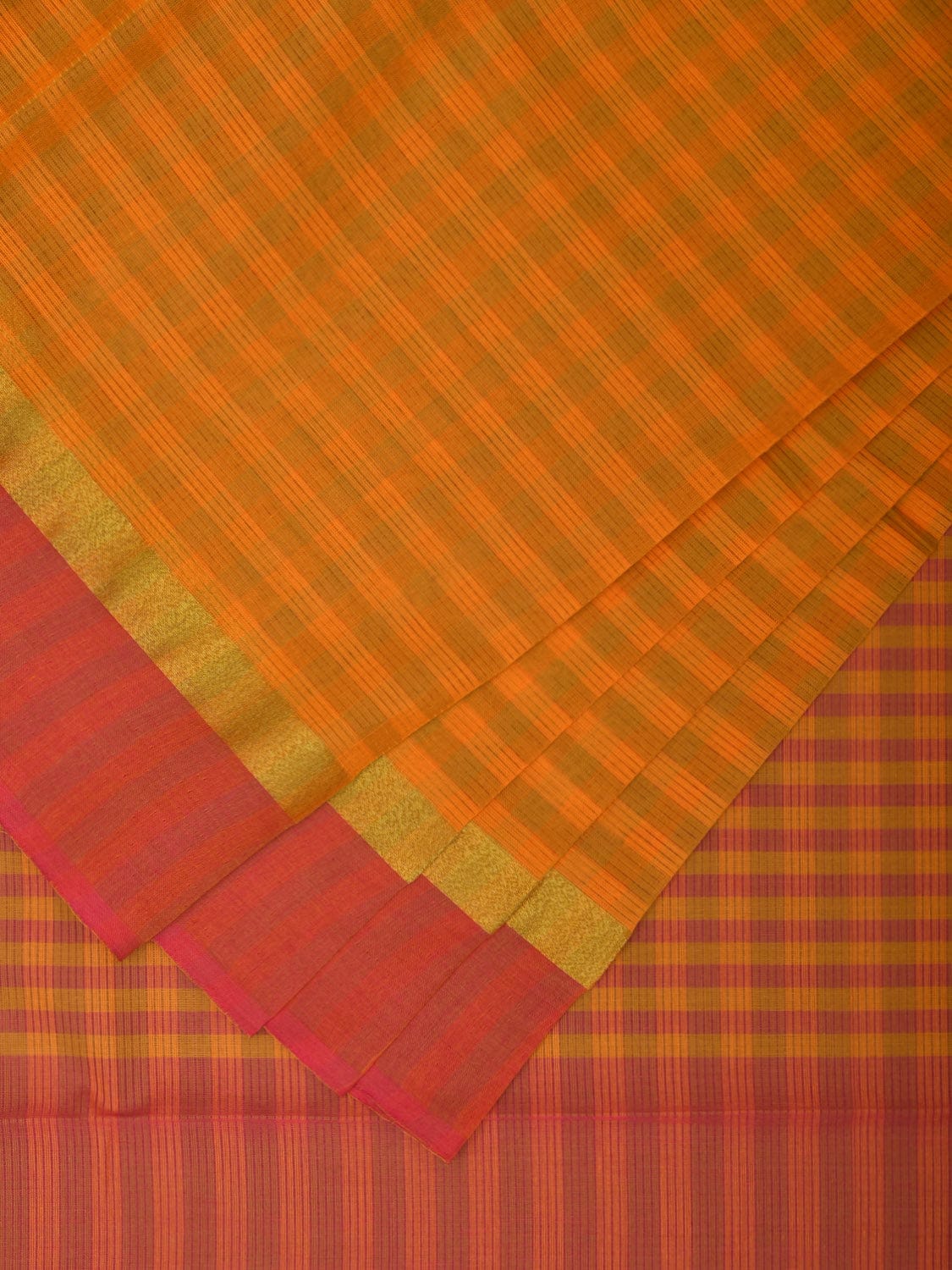 Orange and Pink Cotton Saree with Checks and Strips Pallu Design o0463