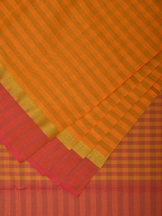 Orange and Pink Cotton Saree with Checks and Strips Pallu Design o0463