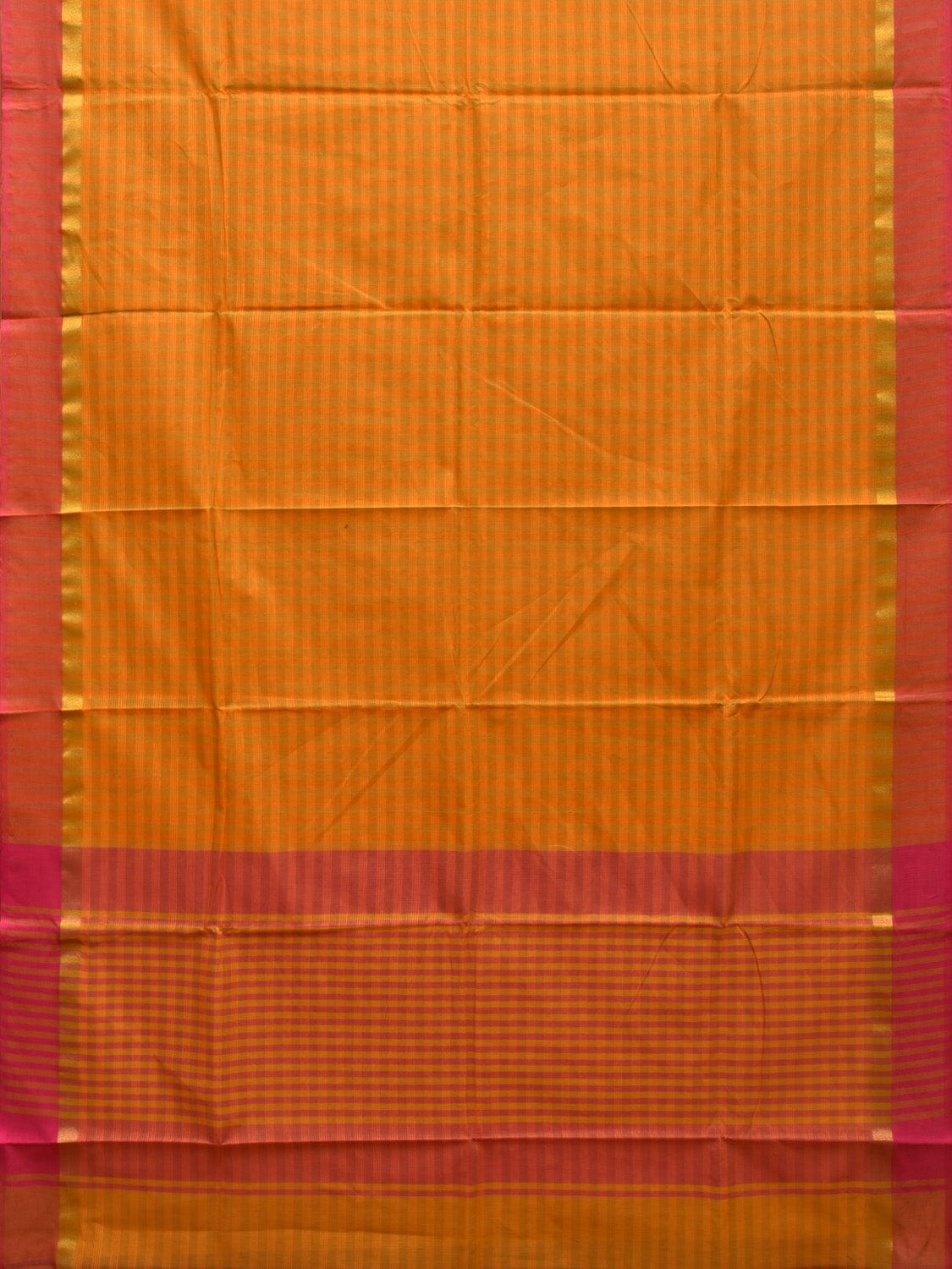 Orange and Pink Cotton Saree with Checks and Strips Pallu Design o0463