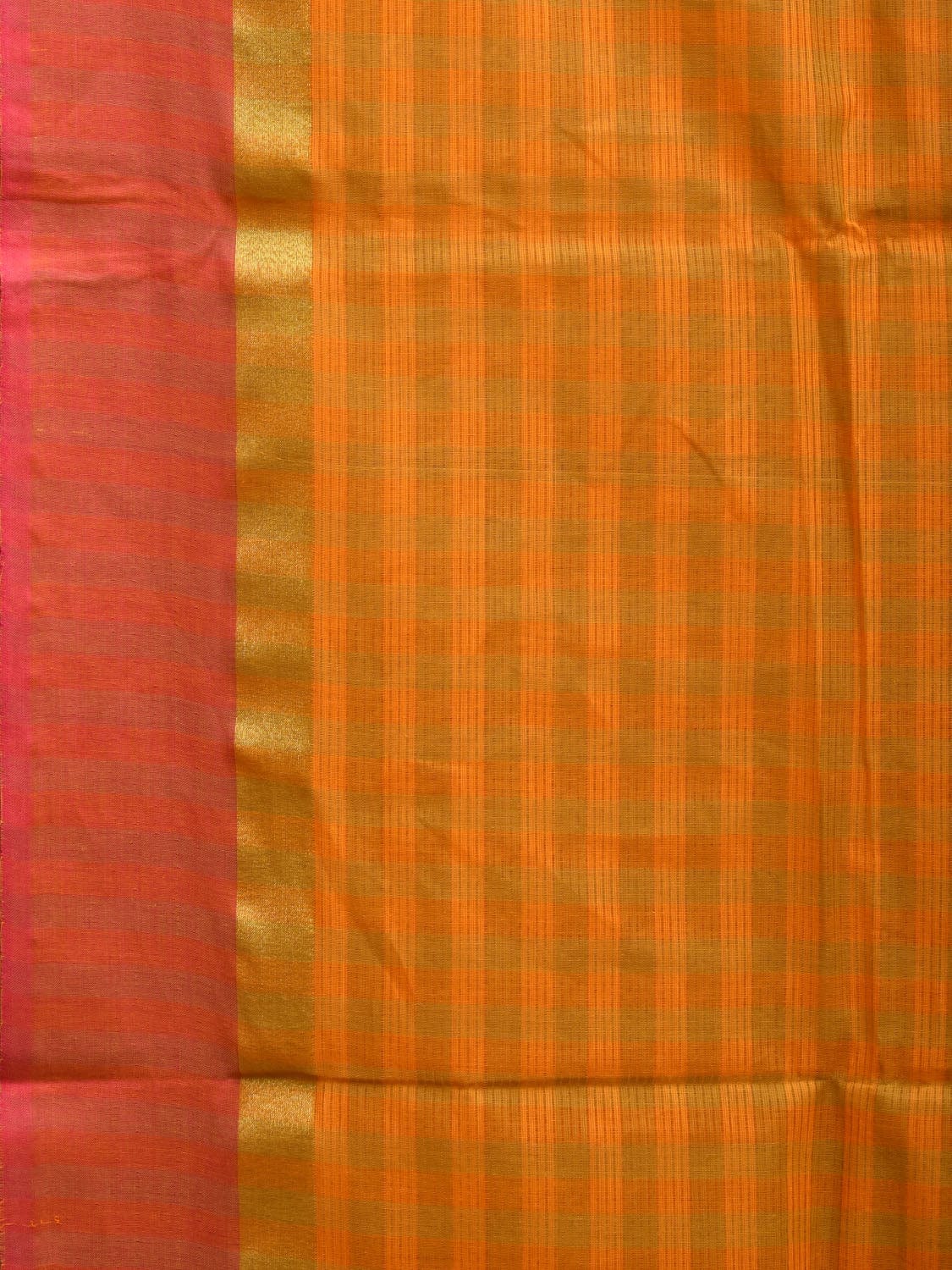 Orange and Pink Cotton Saree with Checks and Strips Pallu Design o0463