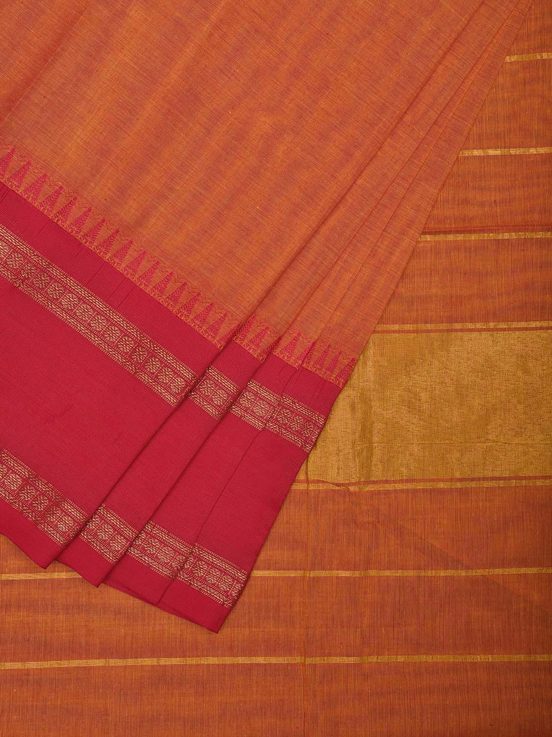 Orange and Pink Gadwal Cotton Plain Saree with Strips Pallu and Small Temple Border Design g0439
