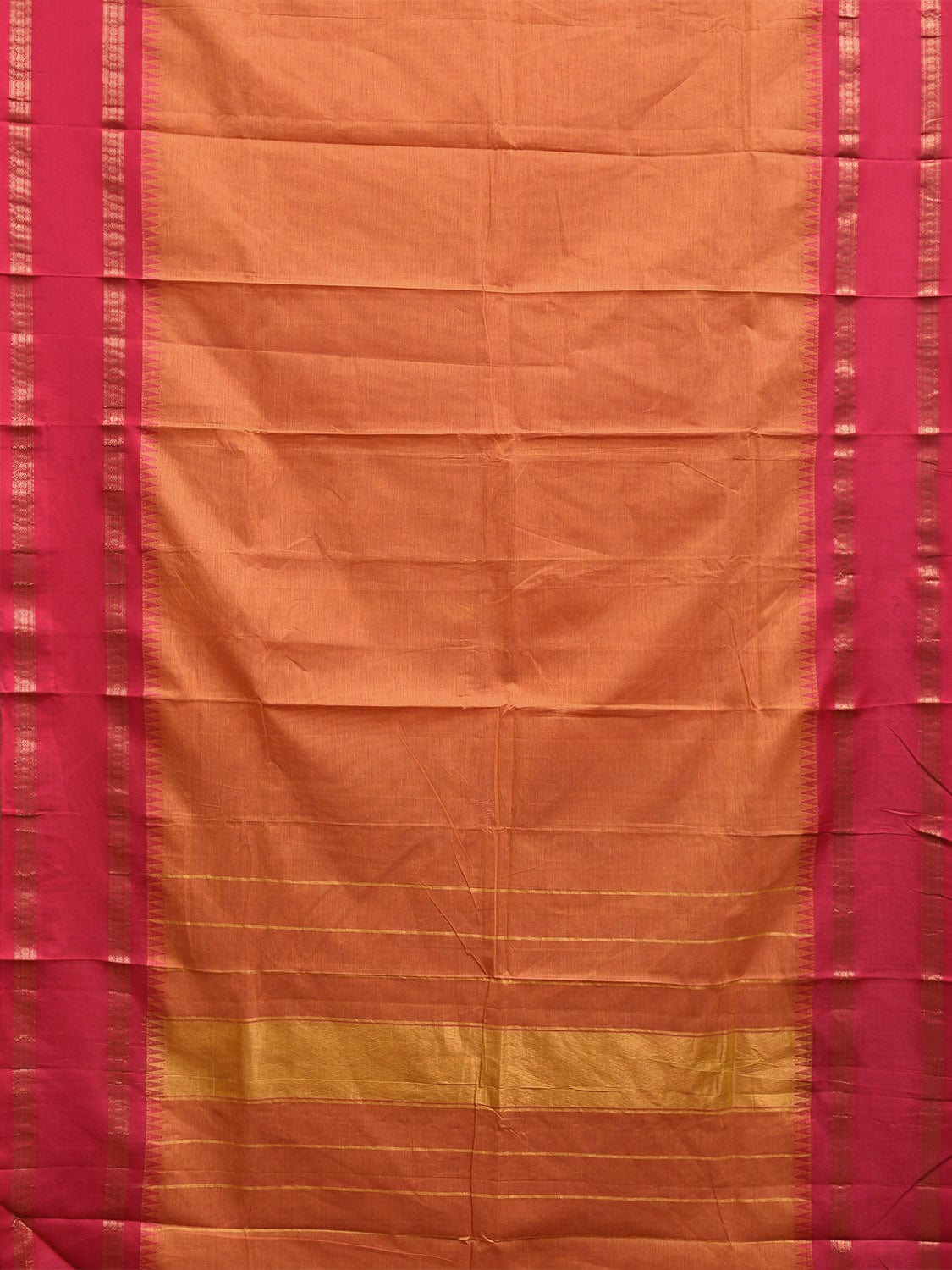 Orange and Pink Gadwal Cotton Plain Saree with Strips Pallu and Small Temple Border Design g0439