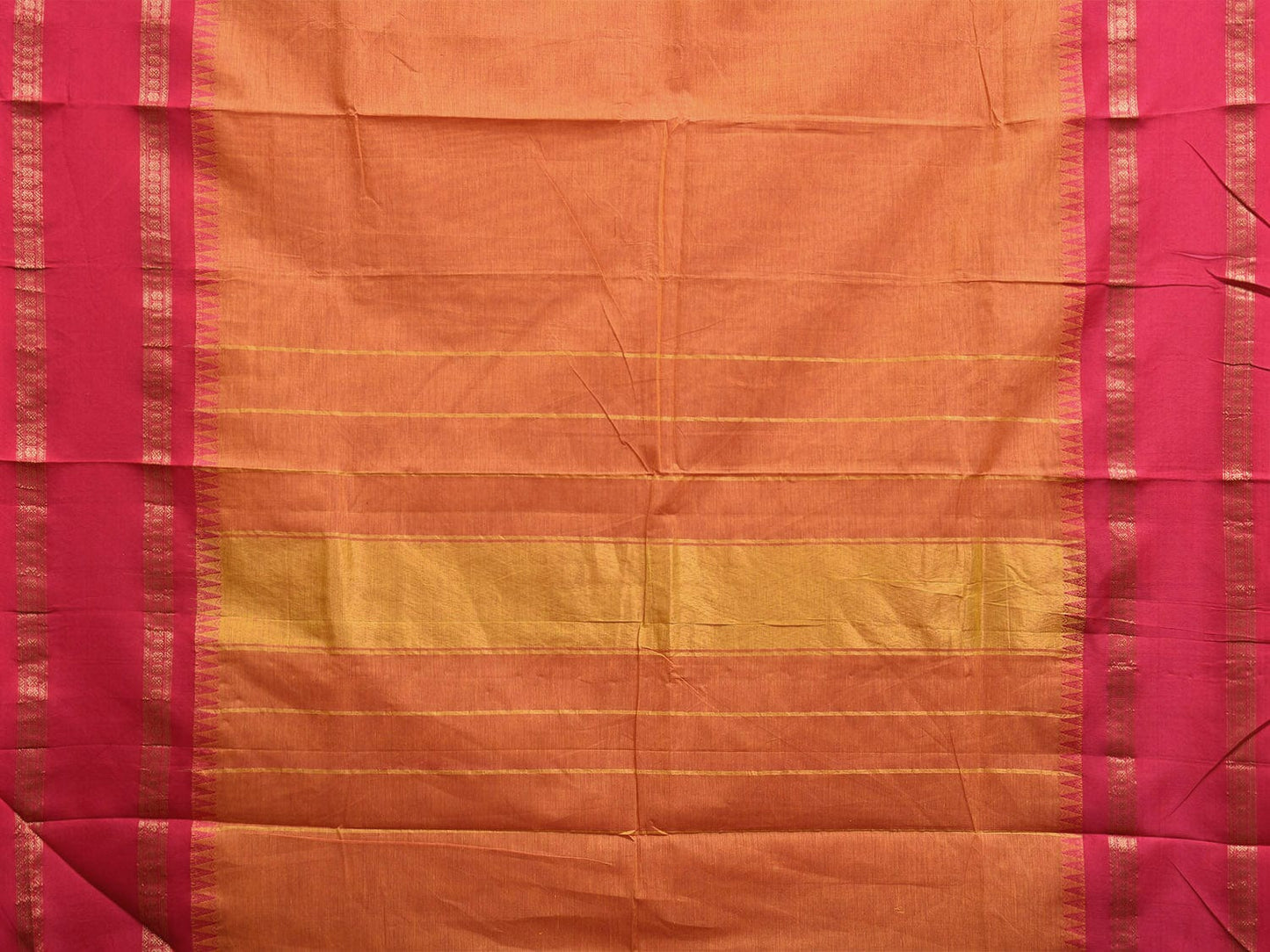 Orange and Pink Gadwal Cotton Plain Saree with Strips Pallu and Small Temple Border Design g0439
