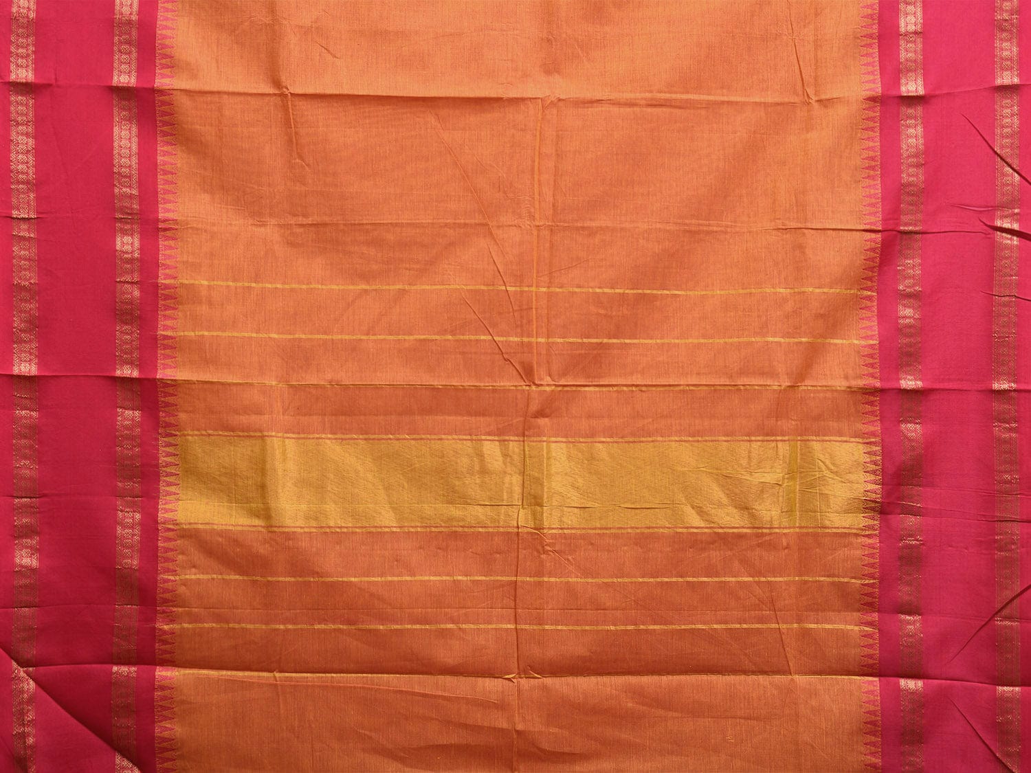 Orange and Pink Gadwal Cotton Plain Saree with Strips Pallu and Small Temple Border Design g0439
