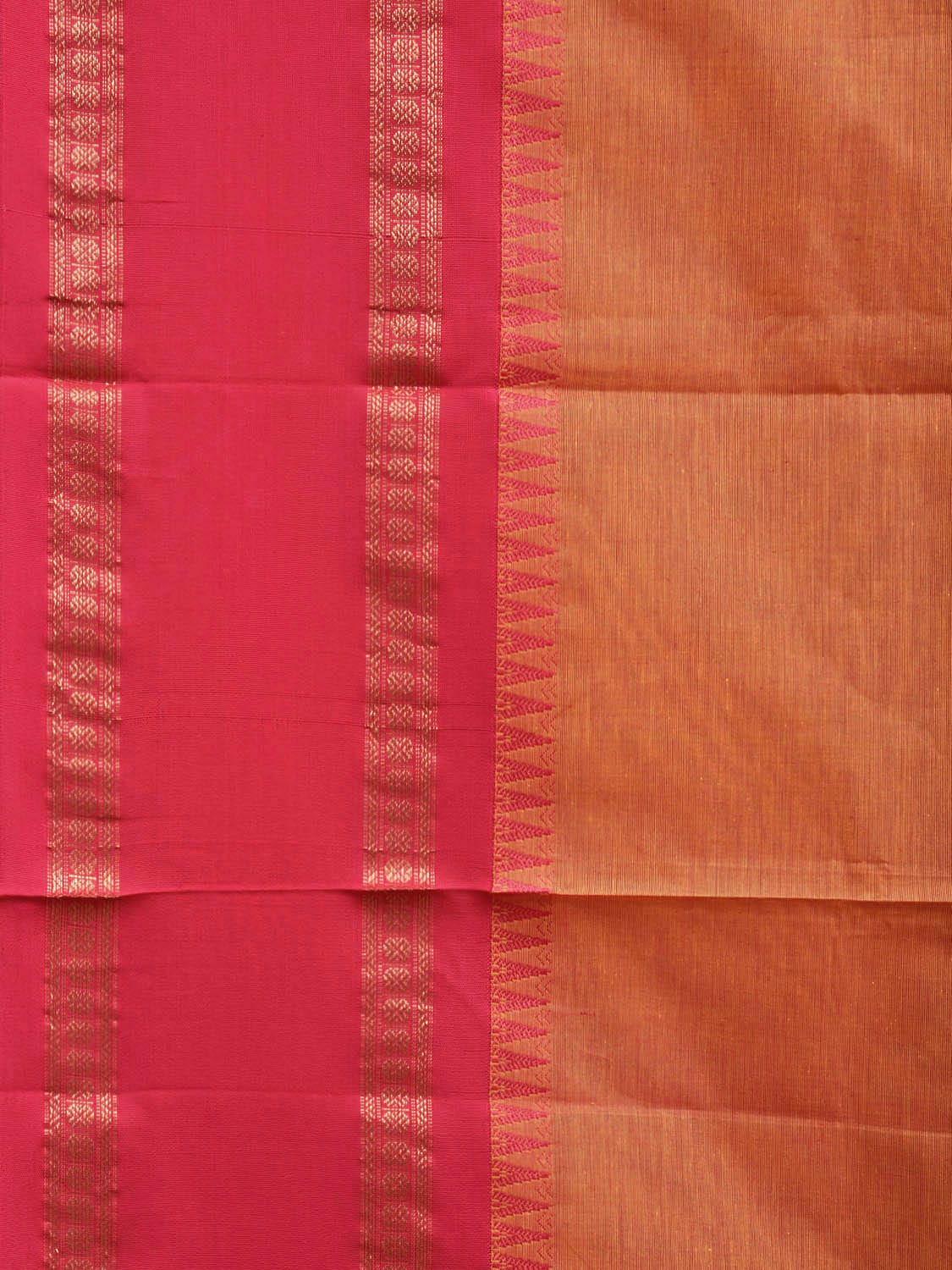 Orange and Pink Gadwal Cotton Plain Saree with Strips Pallu and Small Temple Border Design g0439