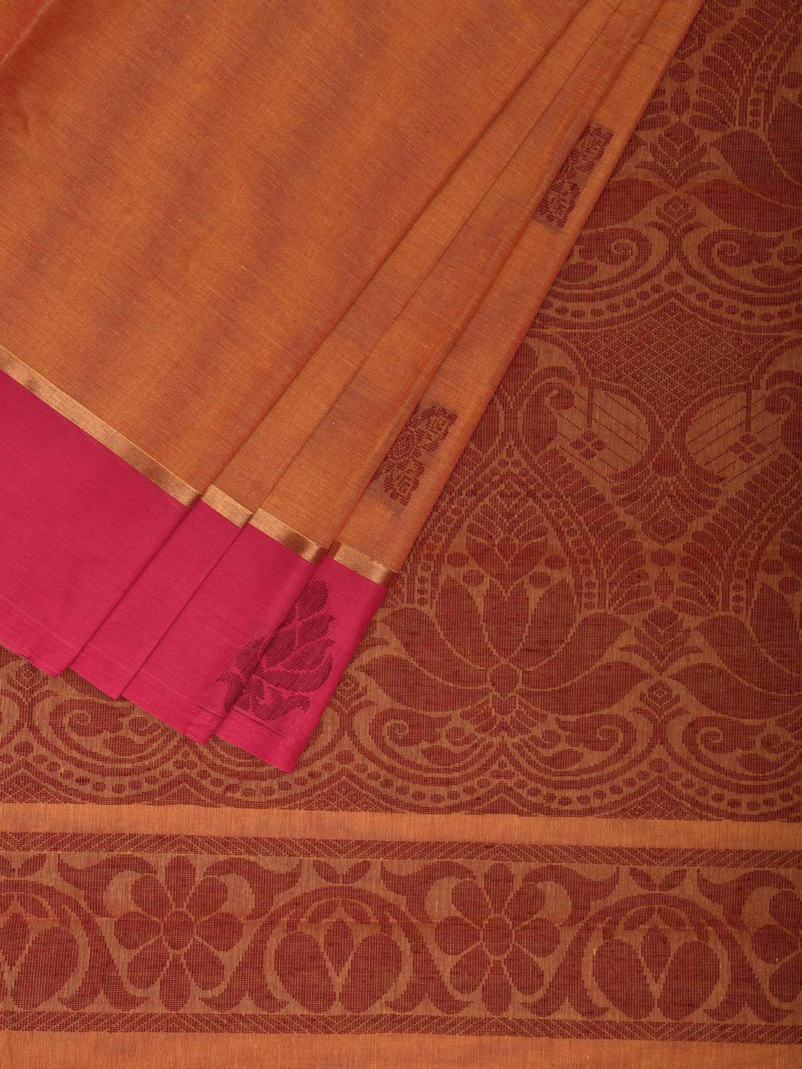 Orange and Pink Kanchipuram Cotton Saree with Pallu and Border Design k0774