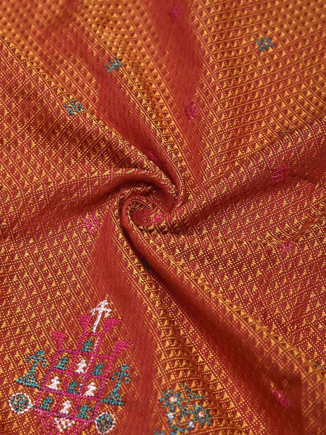 Orange and Pink Kasuti Viscose Blouse with Peacock Design Length 1mt Width 44 Inches BL0161