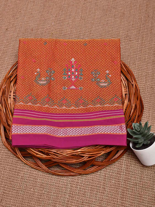 Orange and Pink Kasuti Viscose Blouse with Peacock Design Length 1mt Width 44 Inches BL0161
