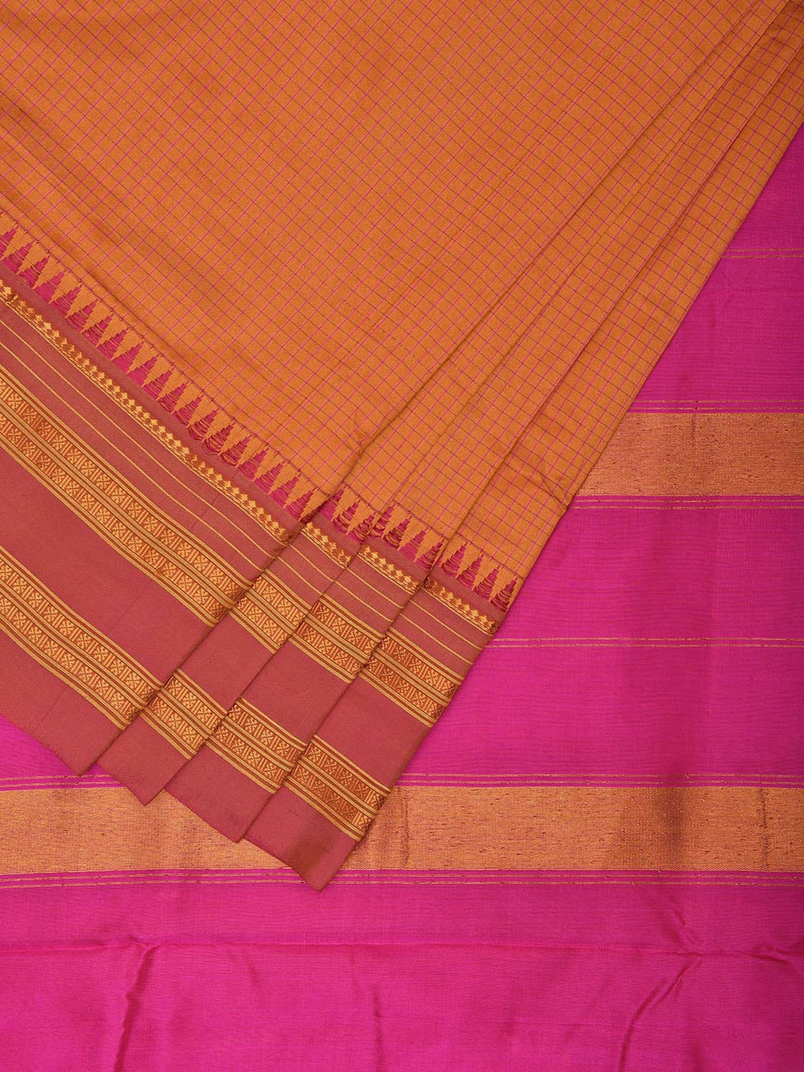 Orange and Pink Narayanpet Silk Handloom Saree with Checks Design No Blouse np1056