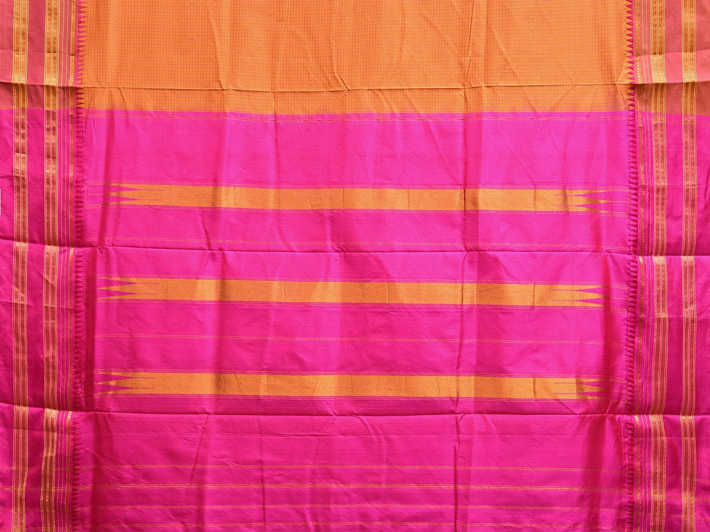 Orange and Pink Narayanpet Silk Handloom Saree with Checks Design No Blouse np1056
