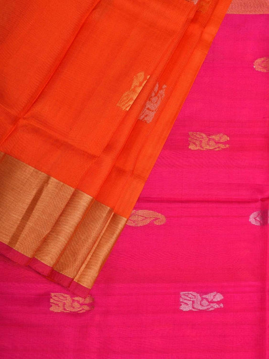 Orange and Pink Uppada Silk Handloom Saree with Buta and Contrast Pallu Design u1743