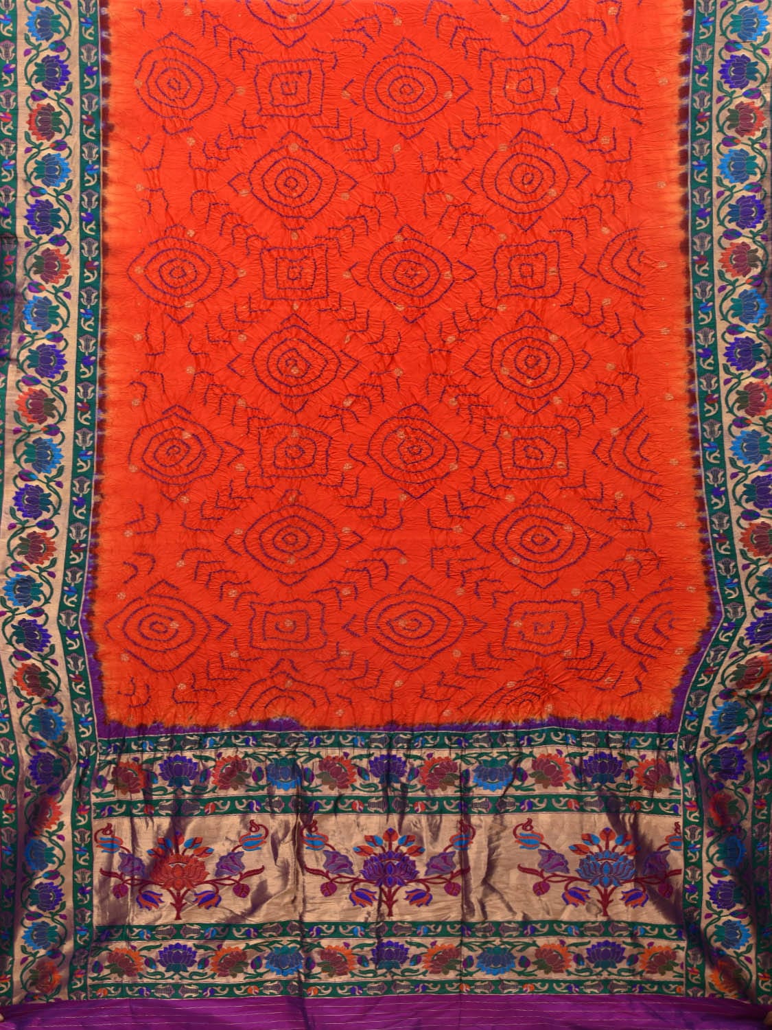 Orange and Purple Bandhani Paithani Silk Handloom Saree with Border Design bn0366