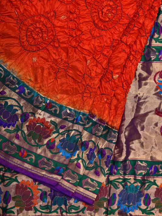 Orange and Purple Bandhani Paithani Silk Handloom Saree with Border Design bn0366