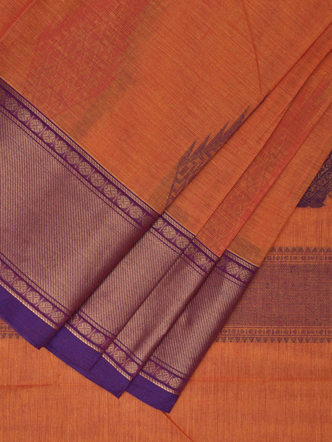 Orange and Purple Kanchipuram Cotton Saree with Pallu and One Side Border Design k0736