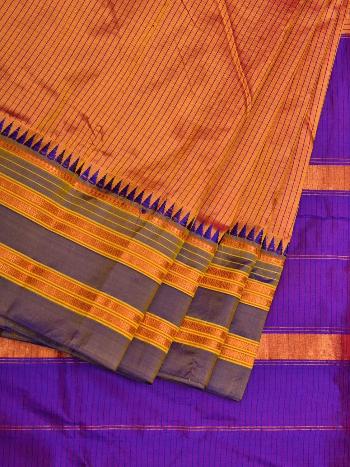 Orange and Purple Narayanpet Silk Saree with Checks Design No Blouse np0498