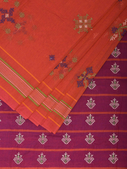 Orange and Purple Venkatagiri Cotton Handloom Saree with Kasuti Work Design o0641