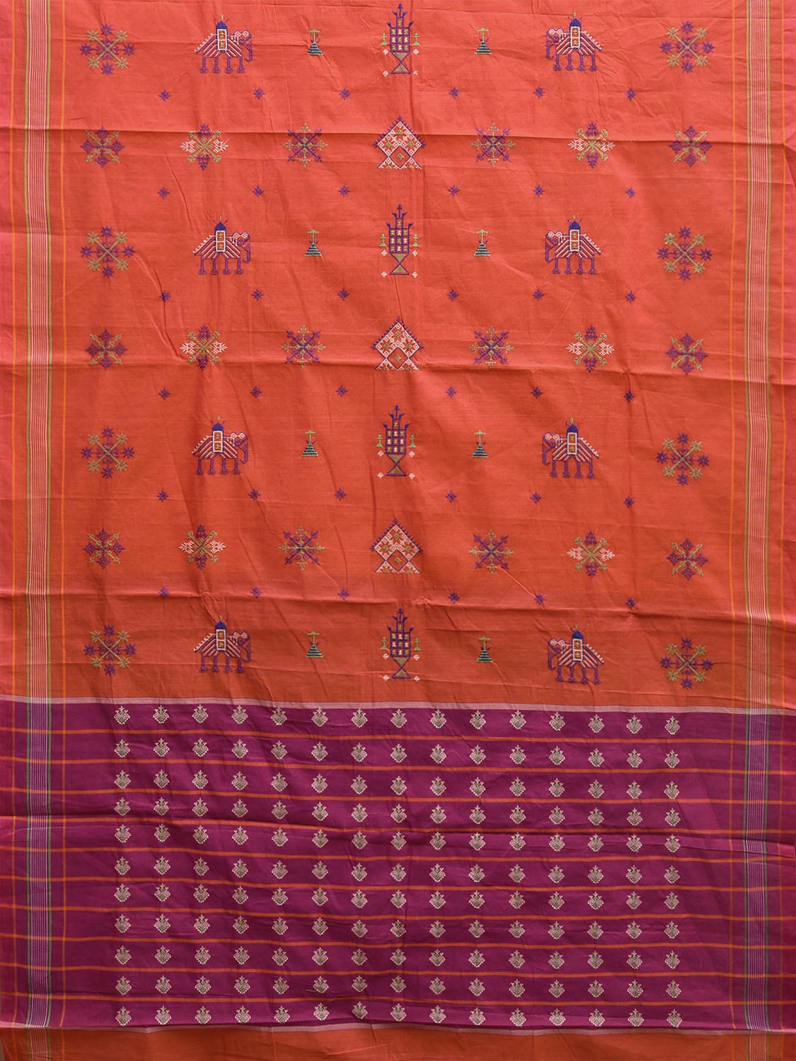 Orange and Purple Venkatagiri Cotton Handloom Saree with Kasuti Work Design o0641