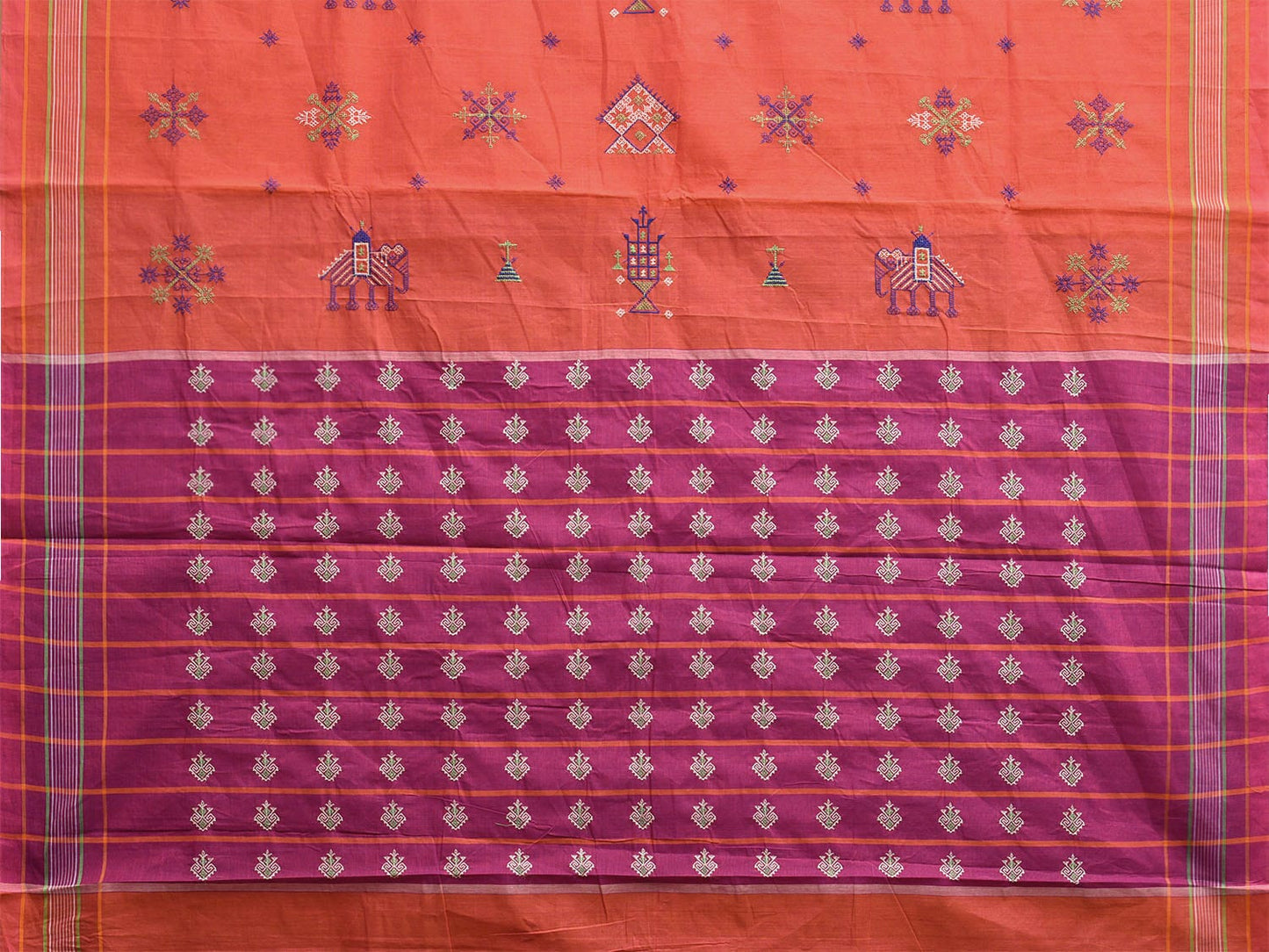 Orange and Purple Venkatagiri Cotton Handloom Saree with Kasuti Work Design o0641