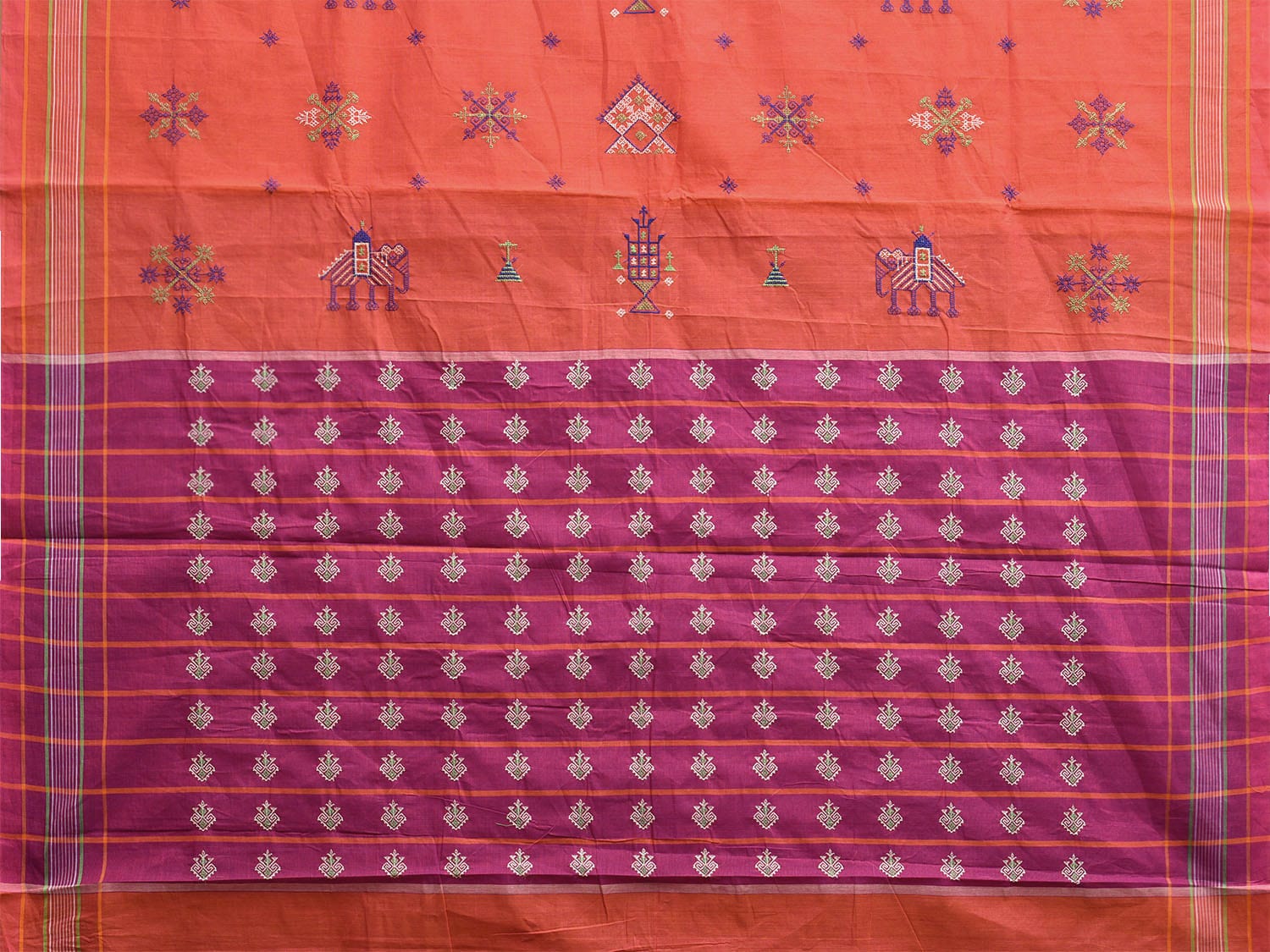 Orange and Purple Venkatagiri Cotton Handloom Saree with Kasuti Work Design o0641