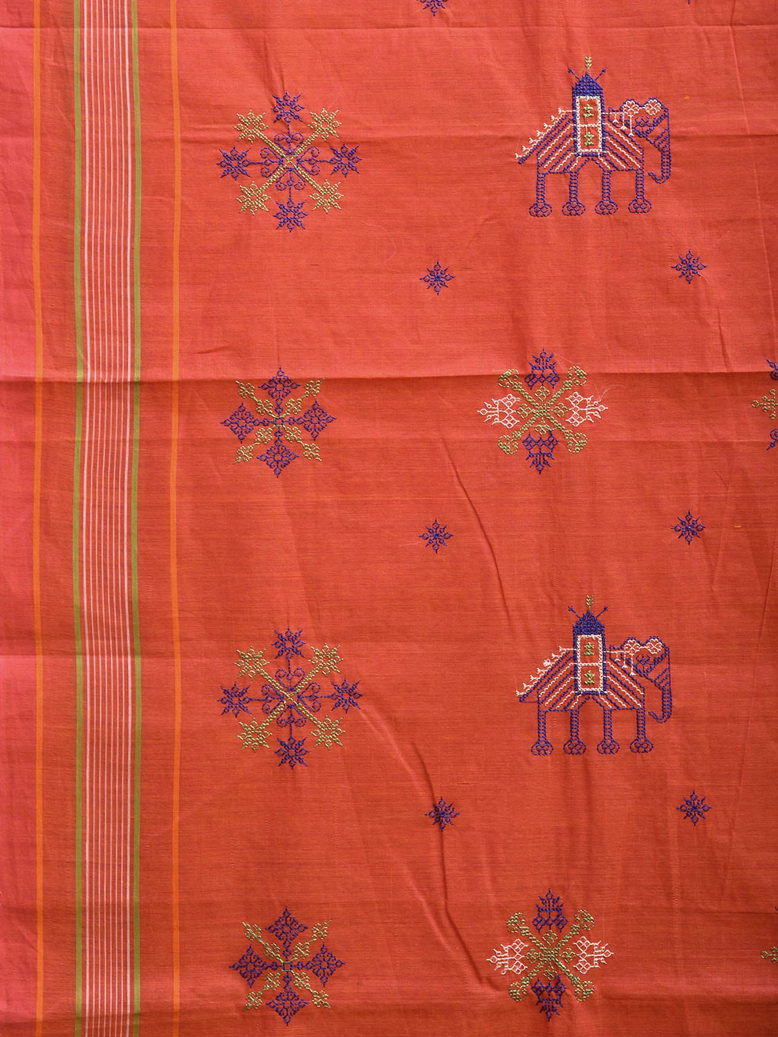 Orange and Purple Venkatagiri Cotton Handloom Saree with Kasuti Work Design o0641