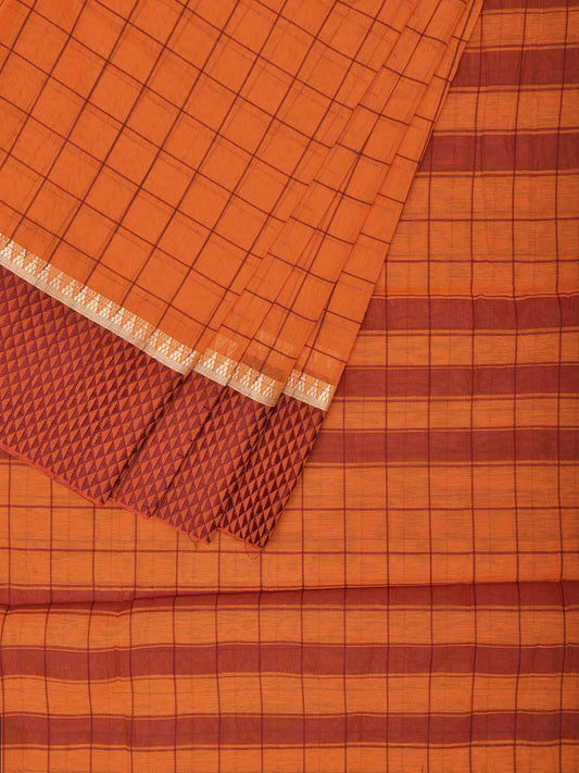 Orange and Red Bamboo Cotton Saree with Big Checks Design No Blouse bc0640