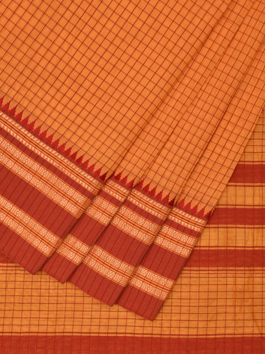 Orange and Red Bamboo Cotton Saree with Checks Design No Blouse bc0606