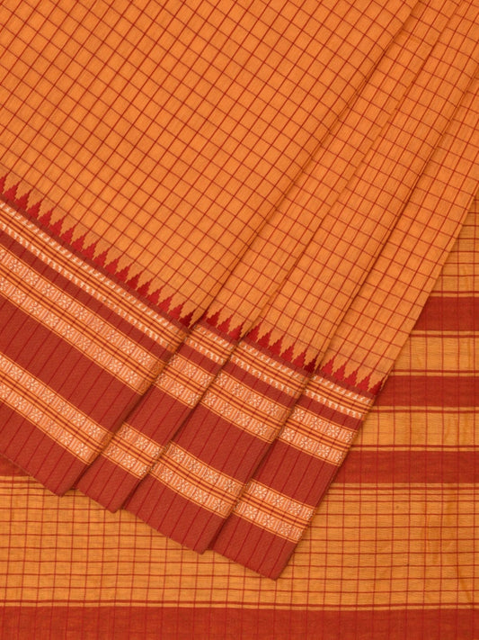 Orange and Red Bamboo Cotton Saree with Checks Design No Blouse bc0606