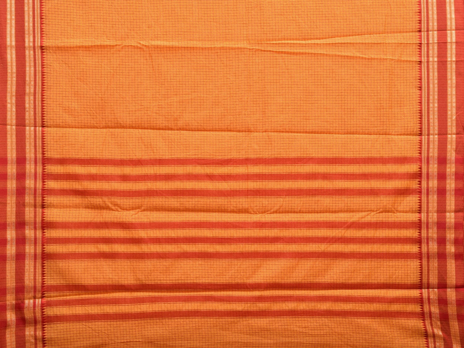Orange and Red Bamboo Cotton Saree with Checks Design No Blouse bc0606
