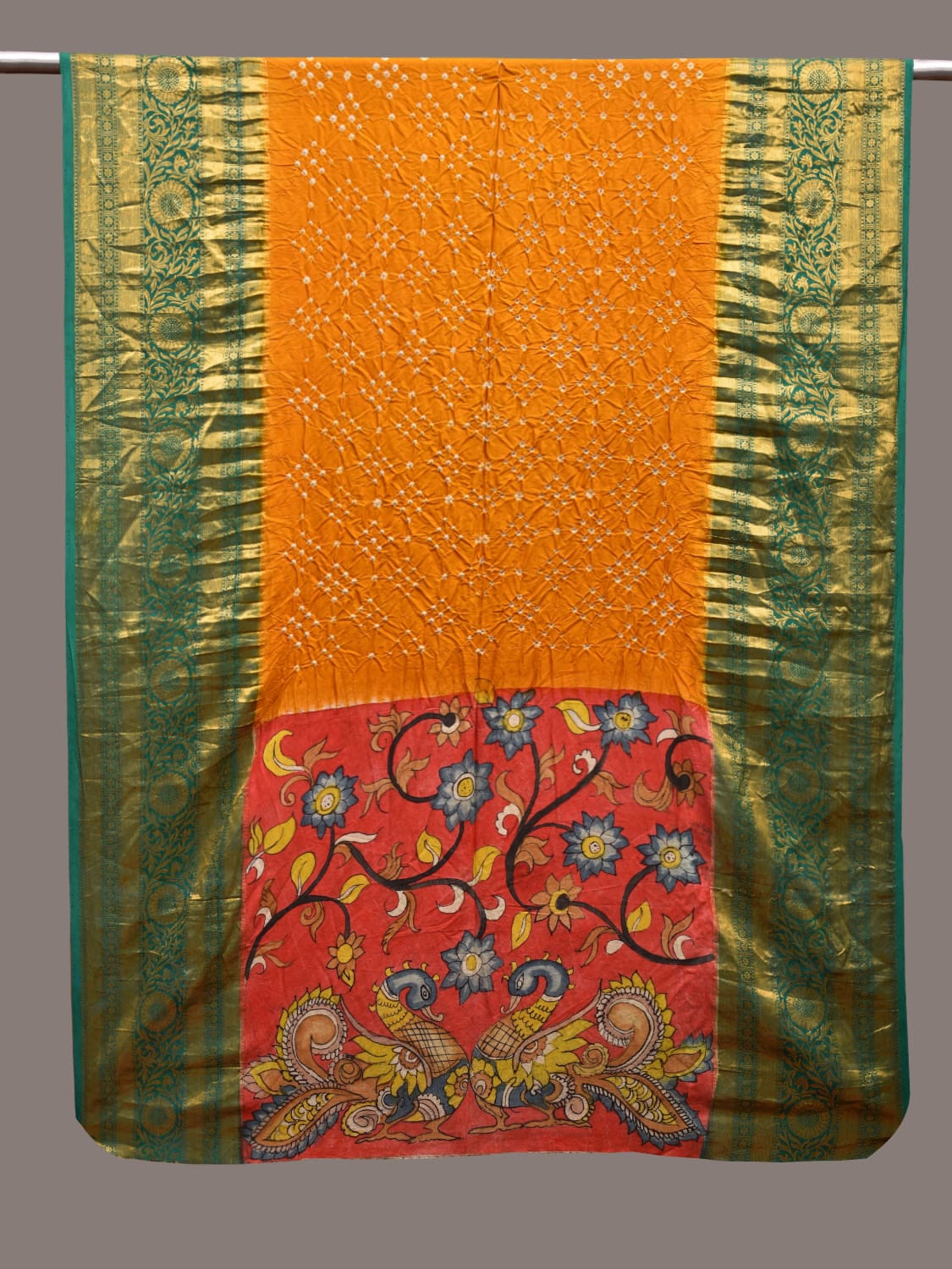 Orange and Red Bandhani Kalamkari Hand Painted Kanchipuram Silk Handloom Dupatta with Floral and Peacocks Design ds3630