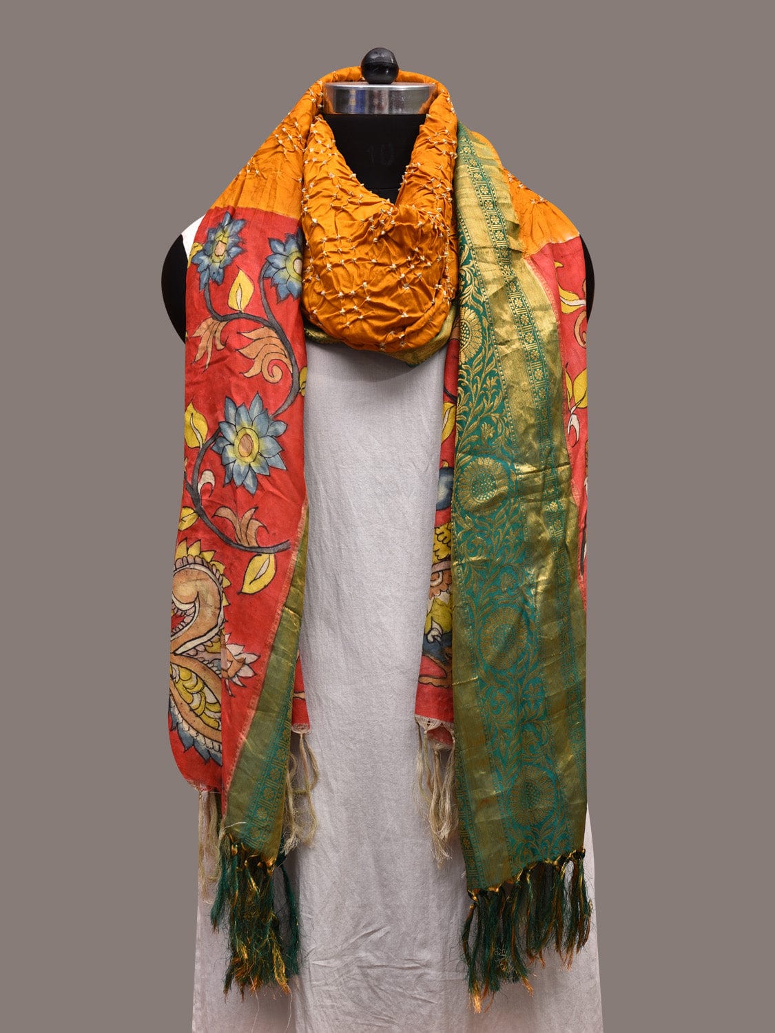 Orange and Red Bandhani Kalamkari Hand Painted Kanchipuram Silk Handloom Dupatta with Floral and Peacocks Design ds3630