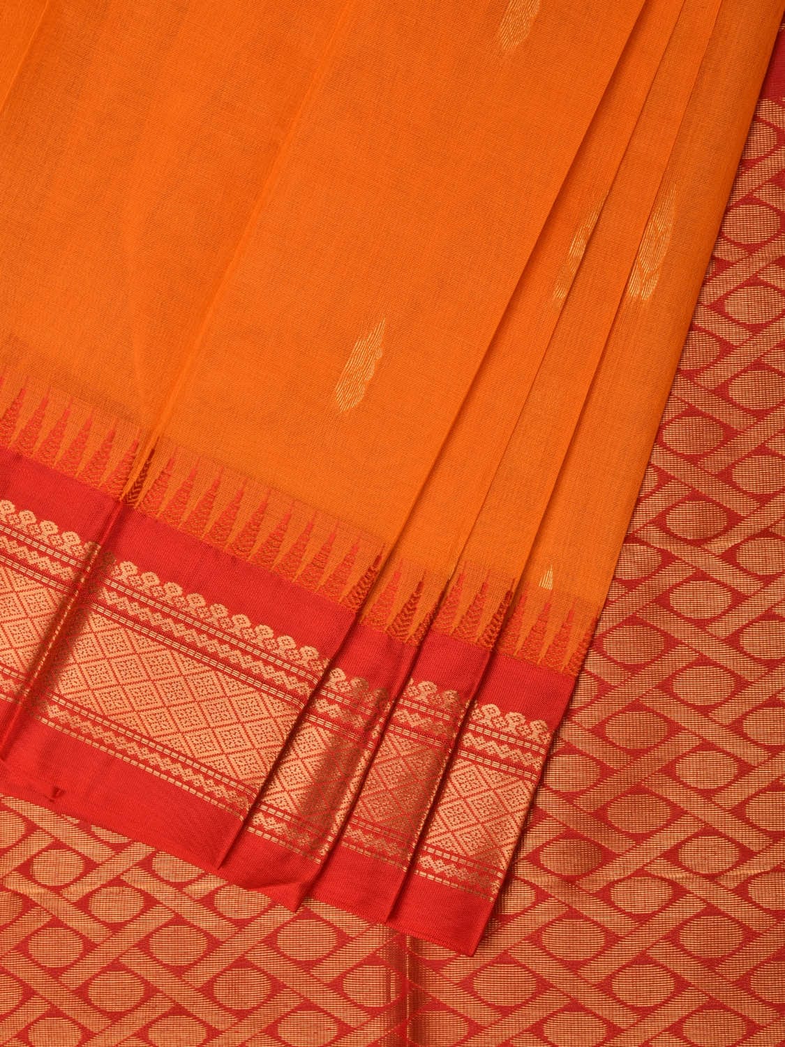 Orange and Red Gadwal Cotton Plain Saree with Body Buta and Pallu Design No Blouse g0356