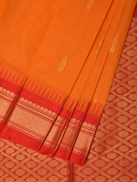 Orange and Red Gadwal Cotton Plain Saree with Body Buta and Pallu Design No Blouse g0356