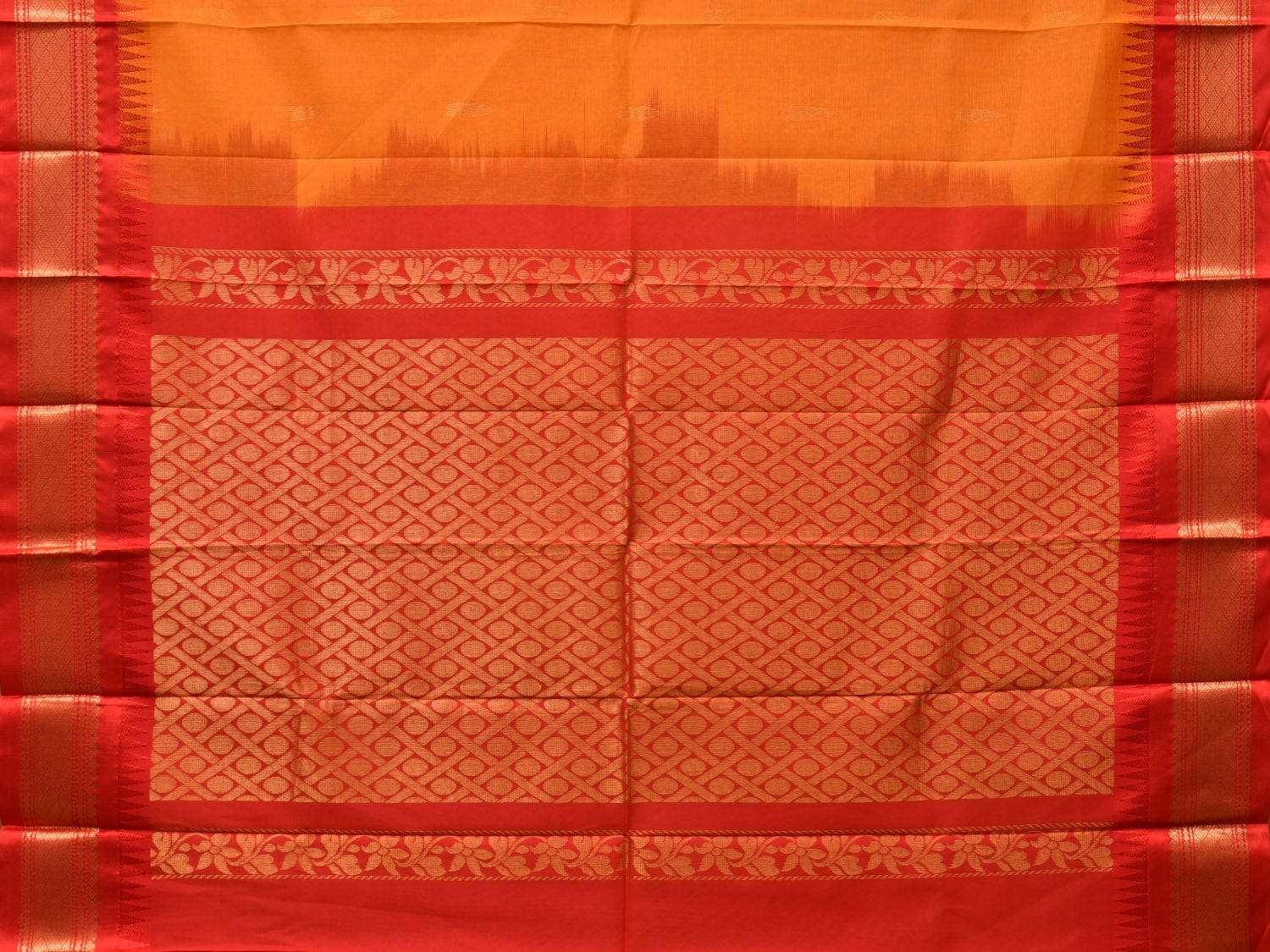Orange and Red Gadwal Cotton Plain Saree with Body Buta and Pallu Design No Blouse g0356