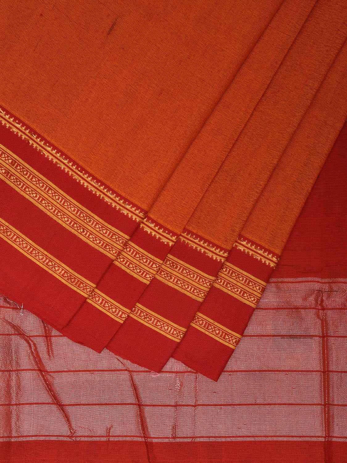 Orange and Red ilkal Cotton Handloom Plain Saree with Strips Pallu Design o0470