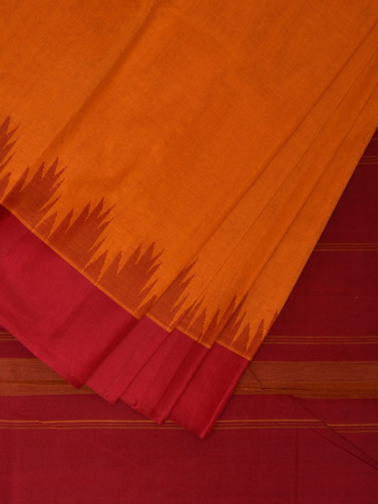 Orange and Red Khadi Cotton Handloom Saree with Big Temple Border Design kh0676