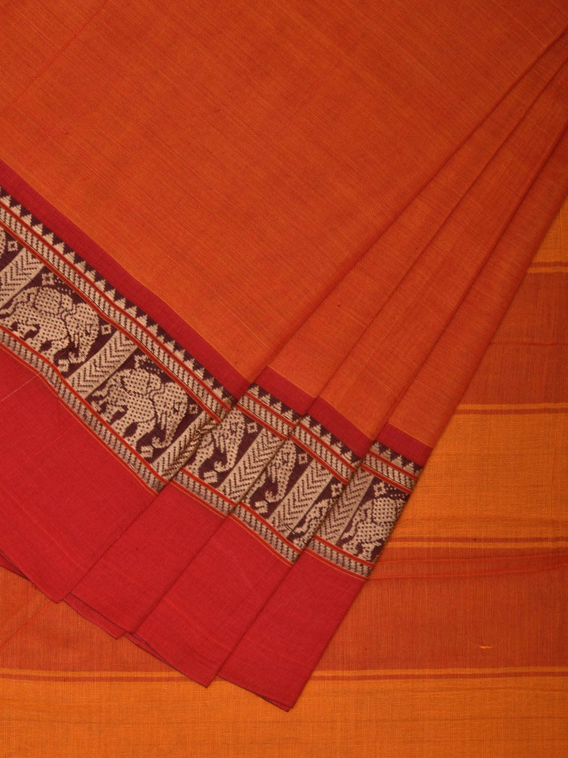 Orange and Red Narayanpet Cotton Saree with Elephant Border Design No Blouse np0894