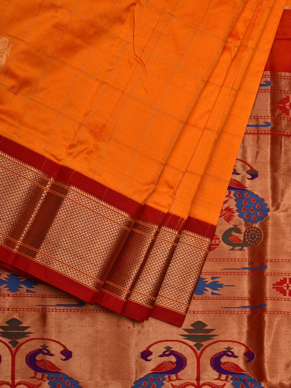 Orange and Red Paithani Silk Handloom Saree with Checks and Body Buta Design p0424