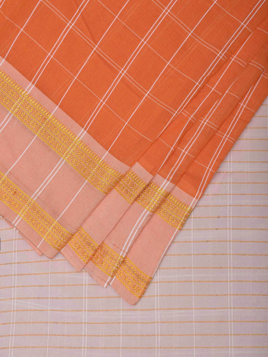 Orange and White Bamboo Cotton Saree with Big Checks Design No Blouse bc0638