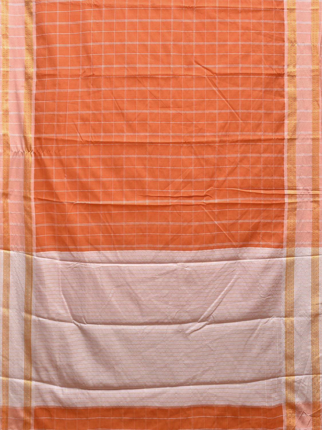 Orange and White Bamboo Cotton Saree with Big Checks Design No Blouse bc0638